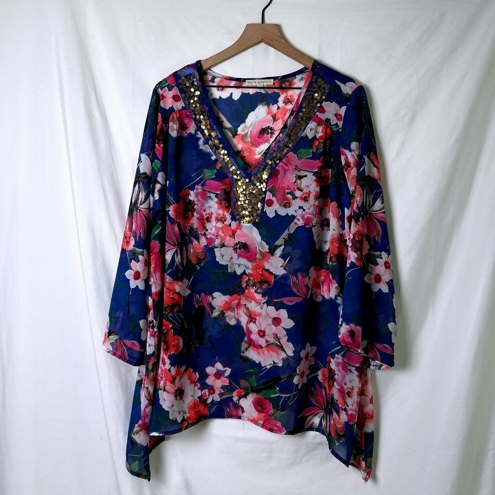 Maria Gabrielle Womens Sheer Sequin V-Neck Dark Floral Tunic Size 1X Multicolor